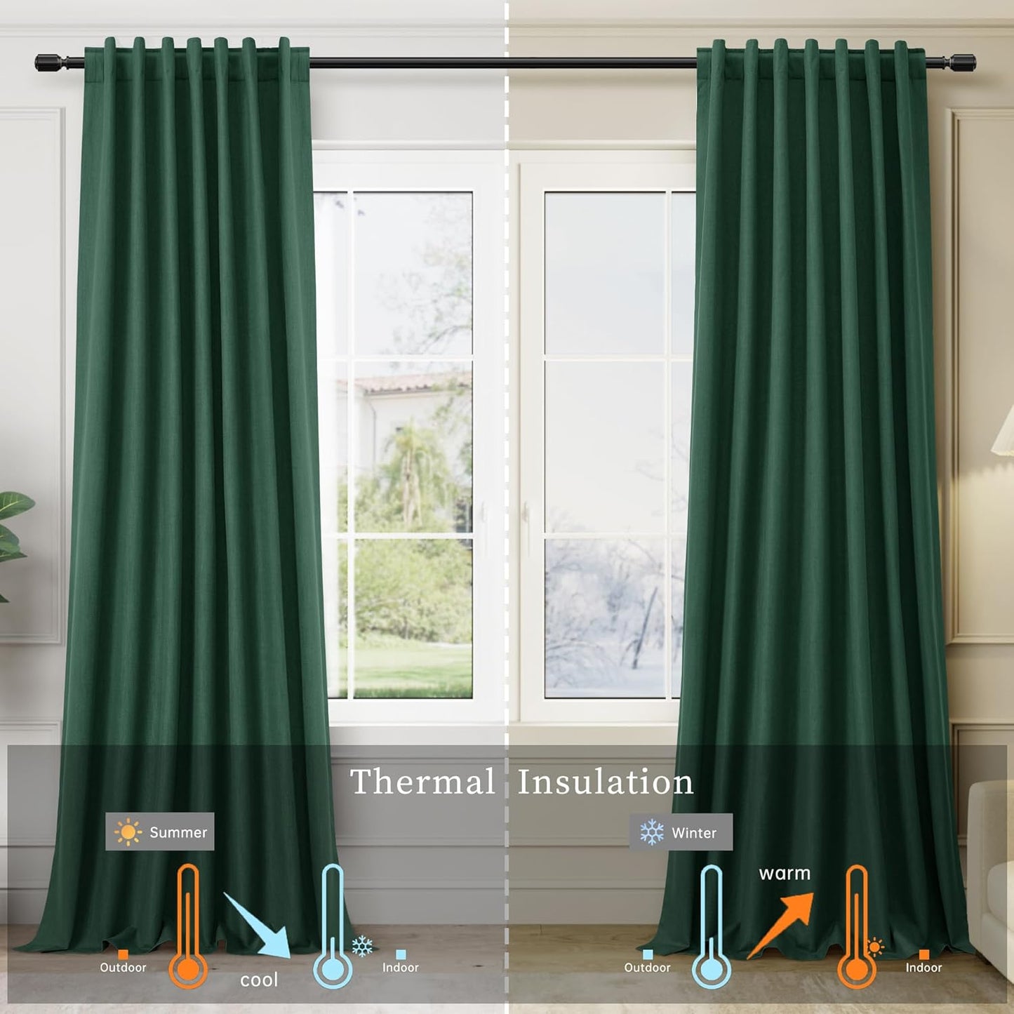 BOODII Linen Blackout Curtains for Bedroom 72 Inch Length 2 Panels Set Room Darkening Curtains Green Black Out Curtain Elegant Thermal Insulated Living Room Window Drapes Back Tab 52x72