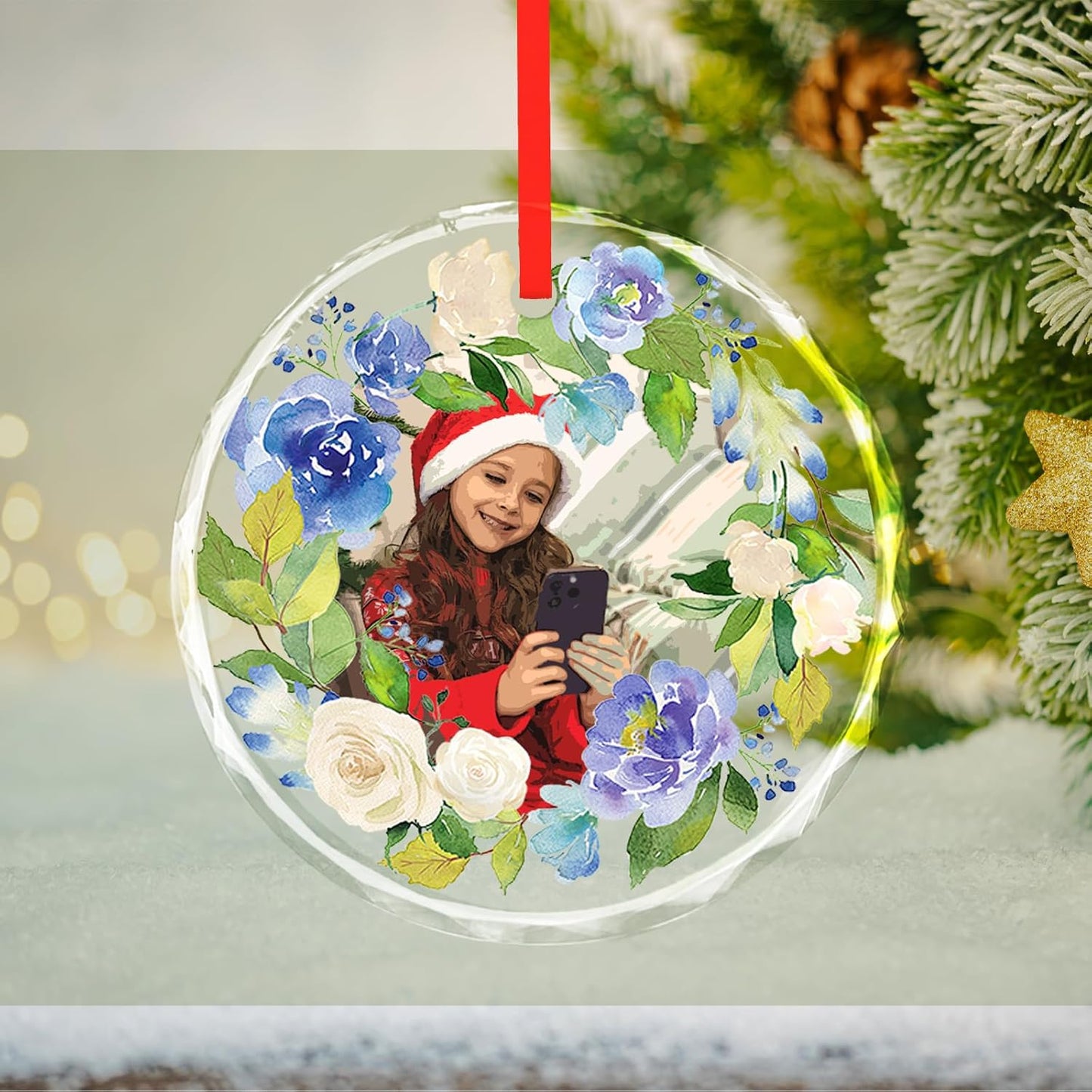 Personalized Christmas Ornaments, Custom Glass Ornament with Photo,Customized Christmas Tree Decor Gifts for Pet, Dad, Mom, Him, Her, Flower Wreath