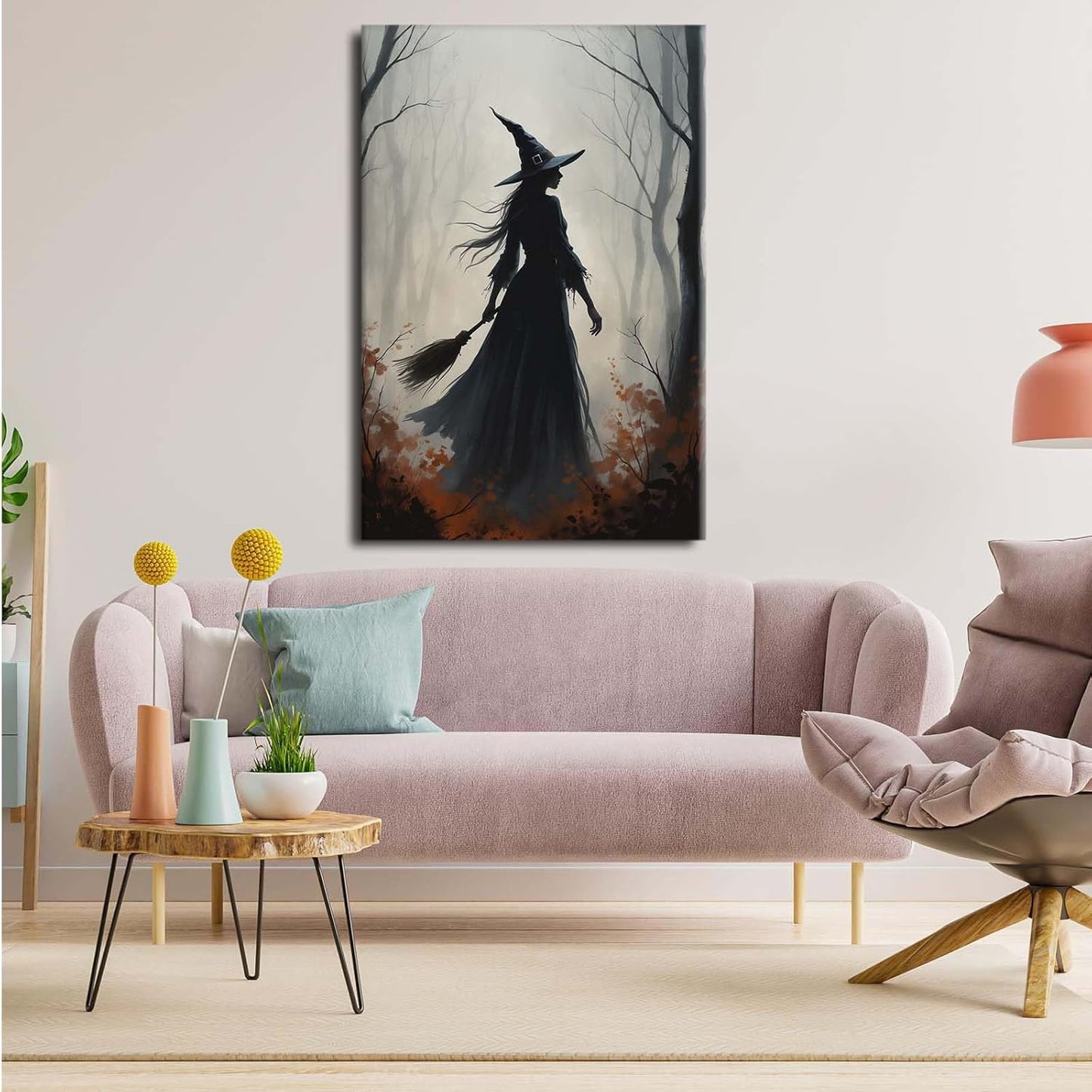 Vintage forest witch silhouette poster Halloween mural poster decoration mural art magic suitable for home living room bedroom8x12in Wood Framed