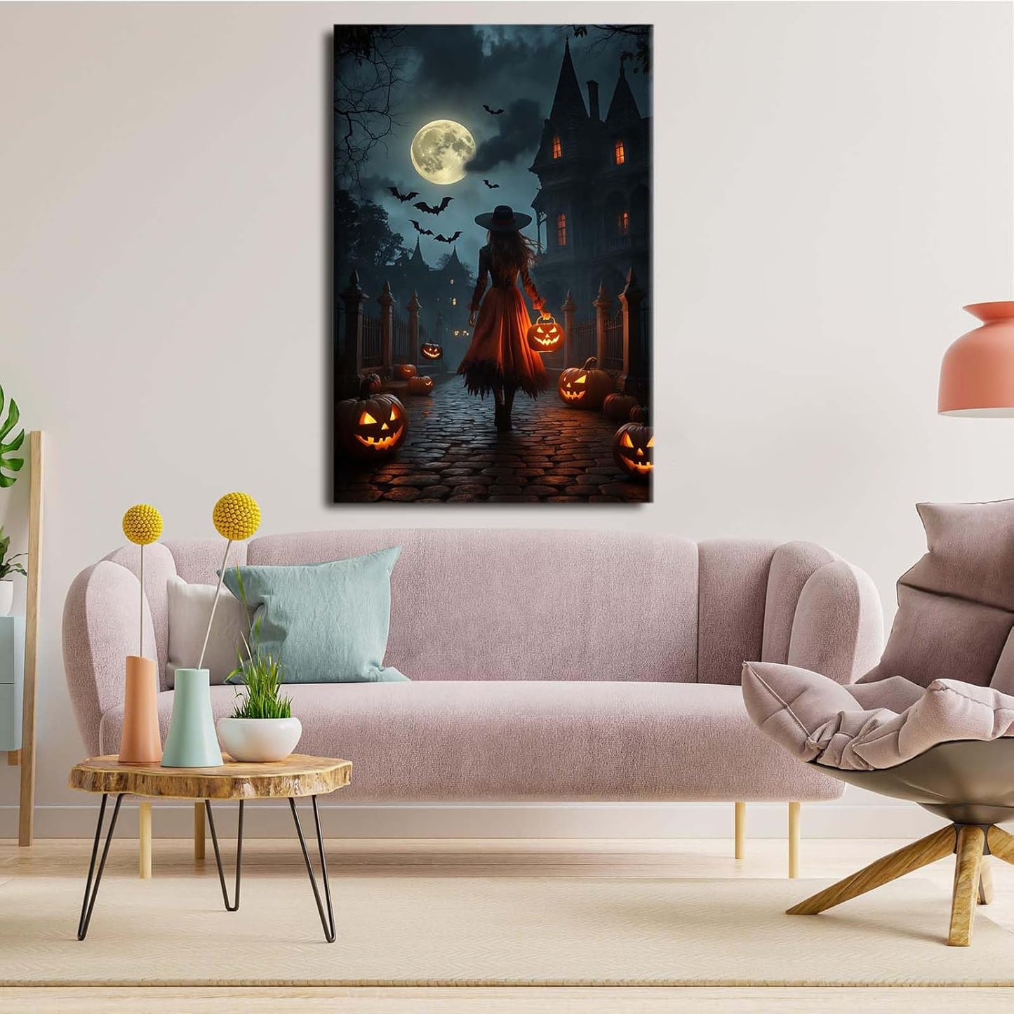Halloween theme poster moonlit autumn night witch vintage poster art print dark college style gothic painting canvas wall decoration bedroom living room ideal gift20x30in Wood Framed