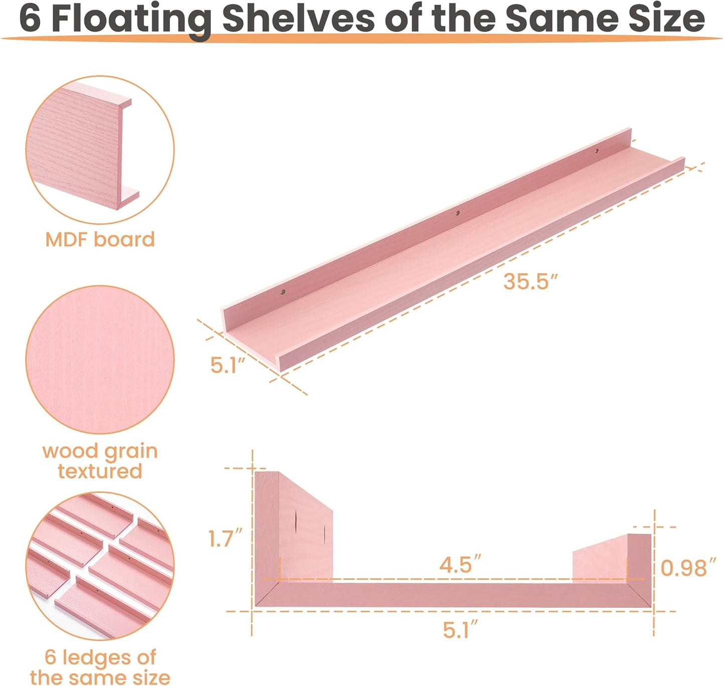 upsimples Pink Shelves for Wall, Cute Room Decor for Teen Girls, Bedroom, Living Room, Game Room, 6 Pack 35.5 inch Long Wall Mounted Wood Shelves for Pictures, Toys