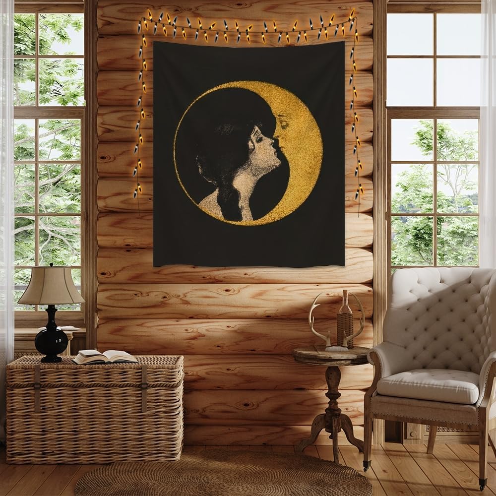 Dark Academia Woman Kissing Moon Art Tapestry Gothic Aesthetic Wall Hanging Witchy Picture Print Moon Goddess Tapestries Wall Decor for Living Room Bedroom Dorm 40x60inch