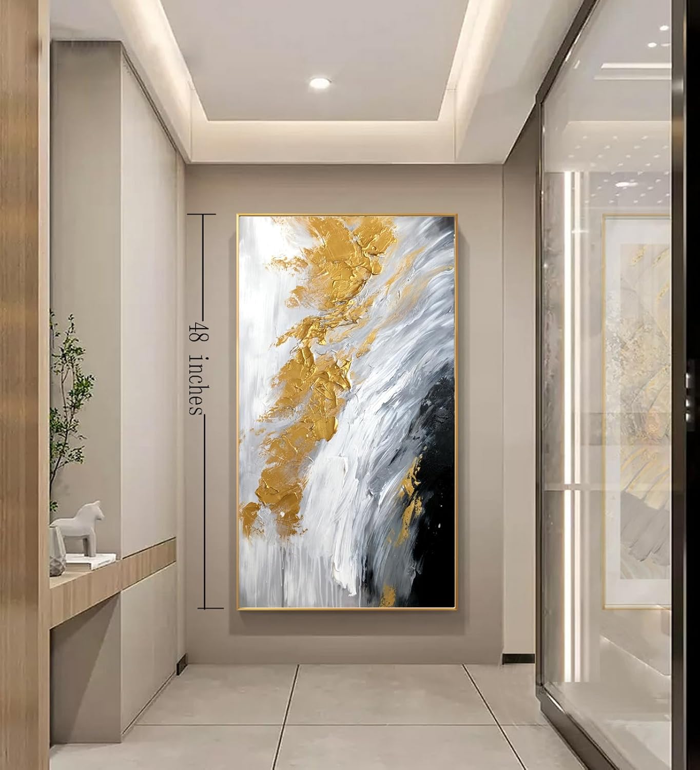 Hand-Painted Gold Abstract Oil Painting on Canvas for Entrance-Hall, Framed White and Black Wall Art for Living Room,Large Wall Picture for Bedroom Kitchen Home Decoration 24x48inch