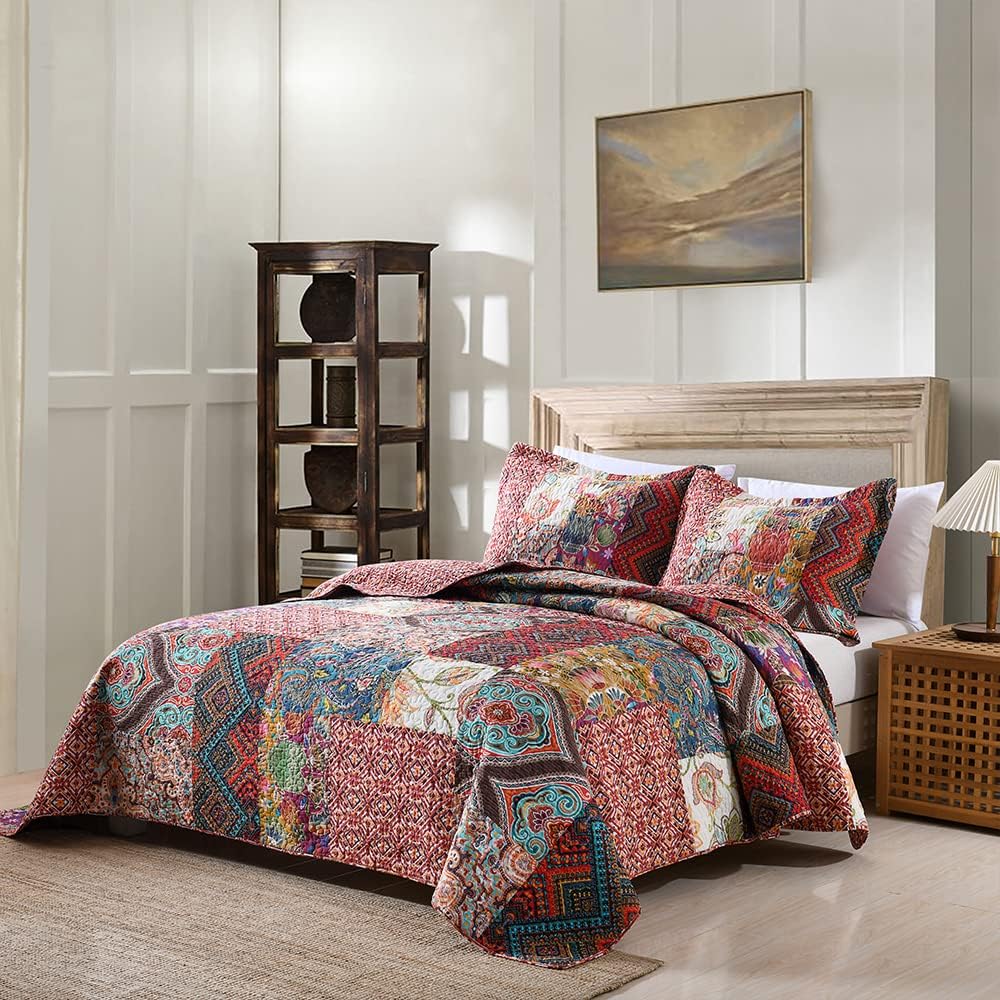 Autumn Dream Cotton Patchwork Bedspread Quilt Sets, Reversible Bedding Coverlet Sets, Red Gorgeous Vintage Pattern, QueenSize