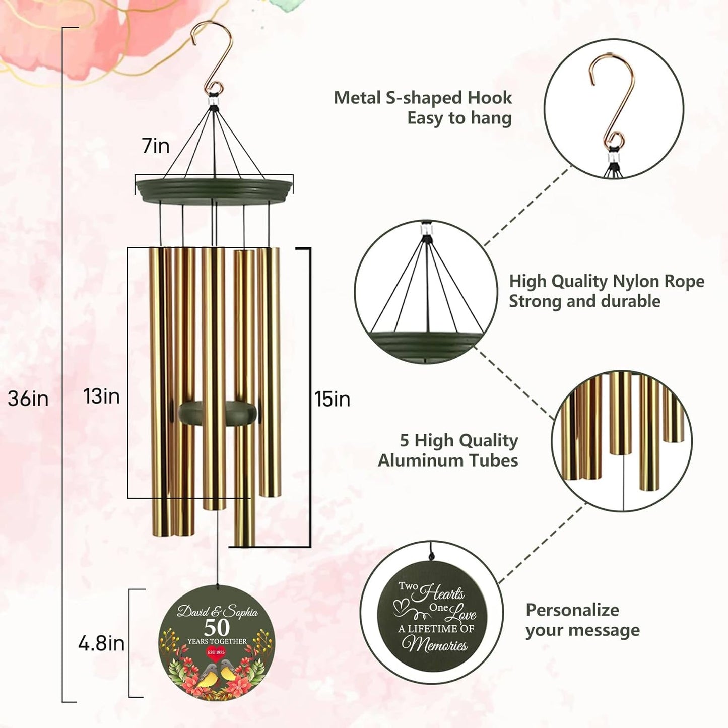 ASTARIN 50th Anniversary Wind Chimes Personalized, 30"/36" Deep Tone Wind Chimes for Wife Husband Parents, Romantic Souvenirs for Men Women Couple