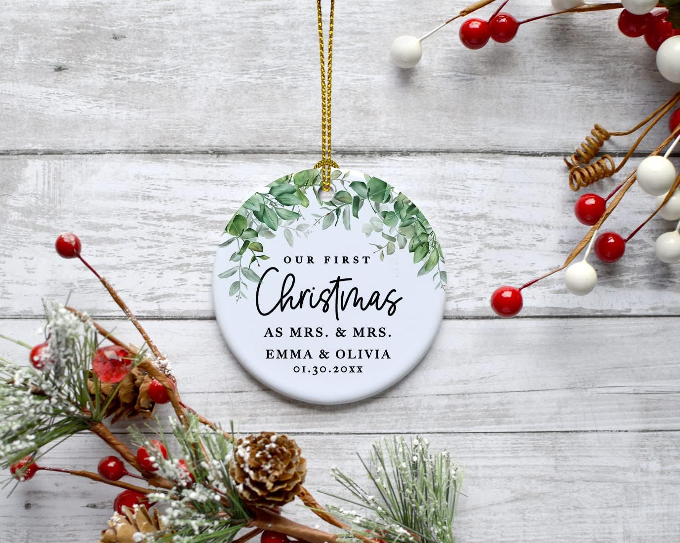 Andaz Press Personalized Our First Christmas As Mrs. & Mrs. 2025 Christmas Ornaments Greenery 2.8" Round Porcelain Ceramic Lesbian Married Couple Gay Women Newlyweds Hers Wedding Keepsake 1-Pack