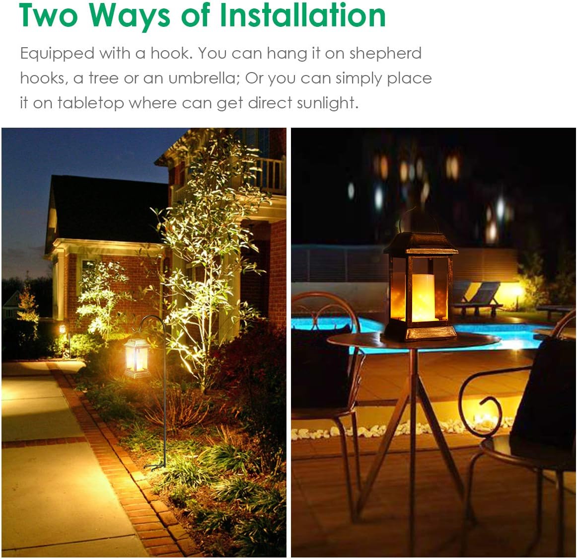 TomCare Solar Lights Metal Flickering Flame Solar Lantern Outdoor Hanging Lanterns Lighting Heavy Duty Solar Powered Waterproof LED Flame Lights for Patio Garden Christmas Decorations, 2 Pack (Bronze)