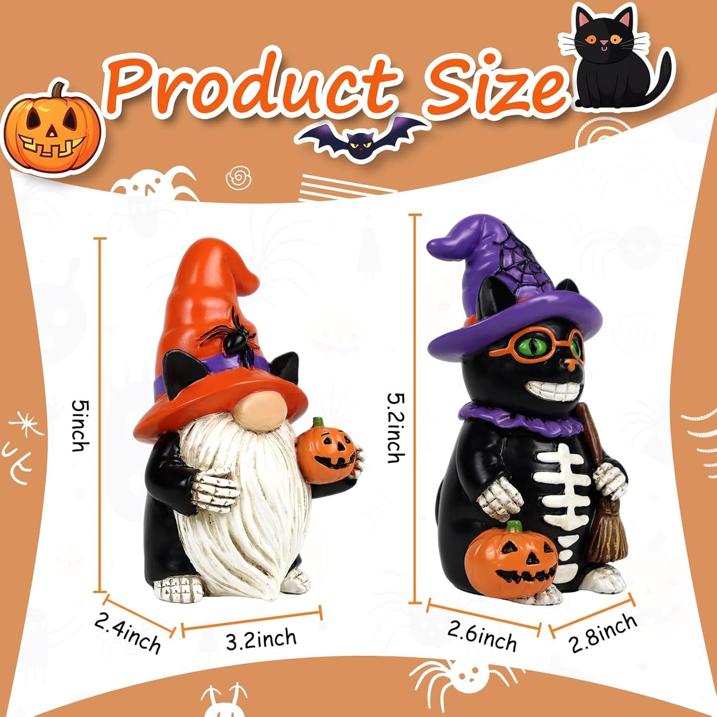 Halloween Gnome Decorations Black Cat Decor 2 PCS Home Vintage Figurines Funny Resin Tabletop Ornaments Indoor Holiday Collectible Statue for Women Men Kids