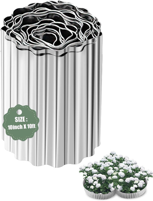Corrugated Metal Garden Edging - 10 Inch X 10 FT Landscape Edging Border, Flexible Border for Garden Fence, Flower Bed, and Lawn (Silver)