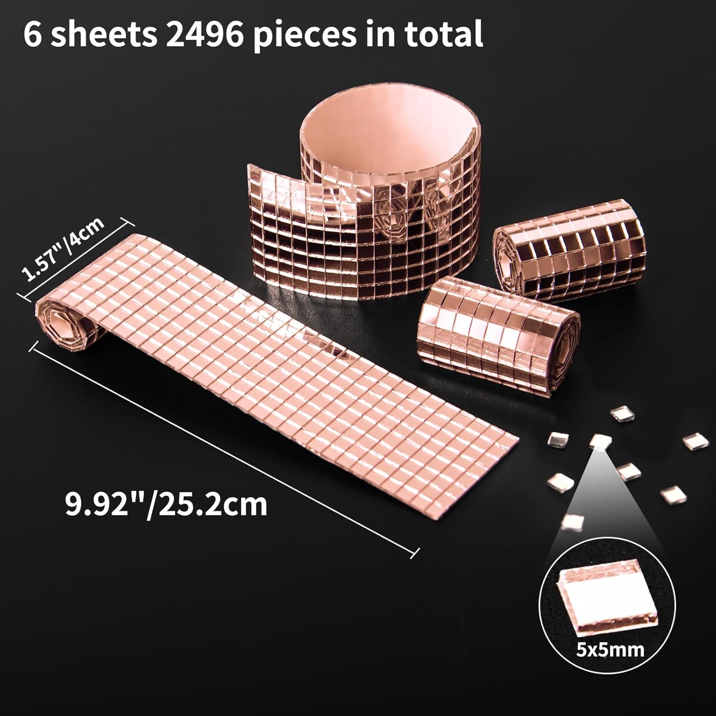 Art3dwallpanels 6 Pack Self-Adhesive Glass Mirror Mosaic Tiles 2364 Pieces Small Square Mirror Tiles Sticker for DIY Craft Decoration, Disco Ball Rose Gold