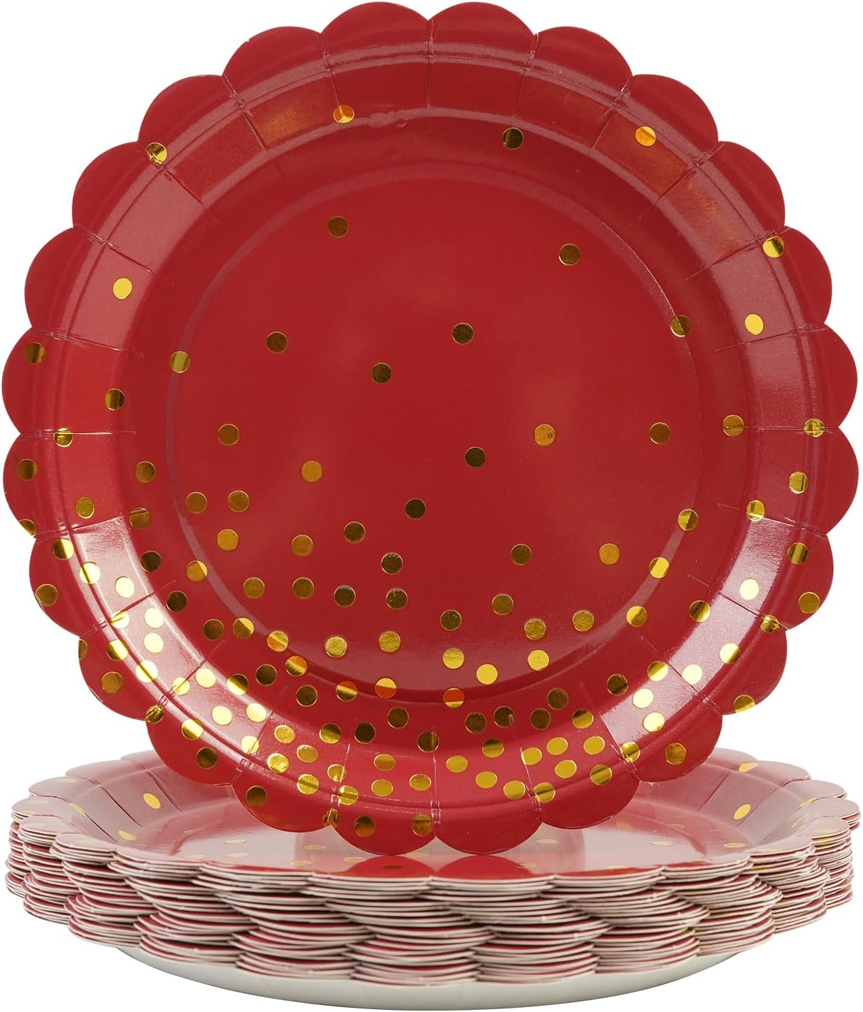 50PCS Red Paper Plates, 7 Inch Scalloped Red and Gold Party Plates Disposable Foil Polka Dots Dessert Plate Cake Plate for Wedding Baby Shower Birthday Anniversary Bachelorette Dinner BBQ