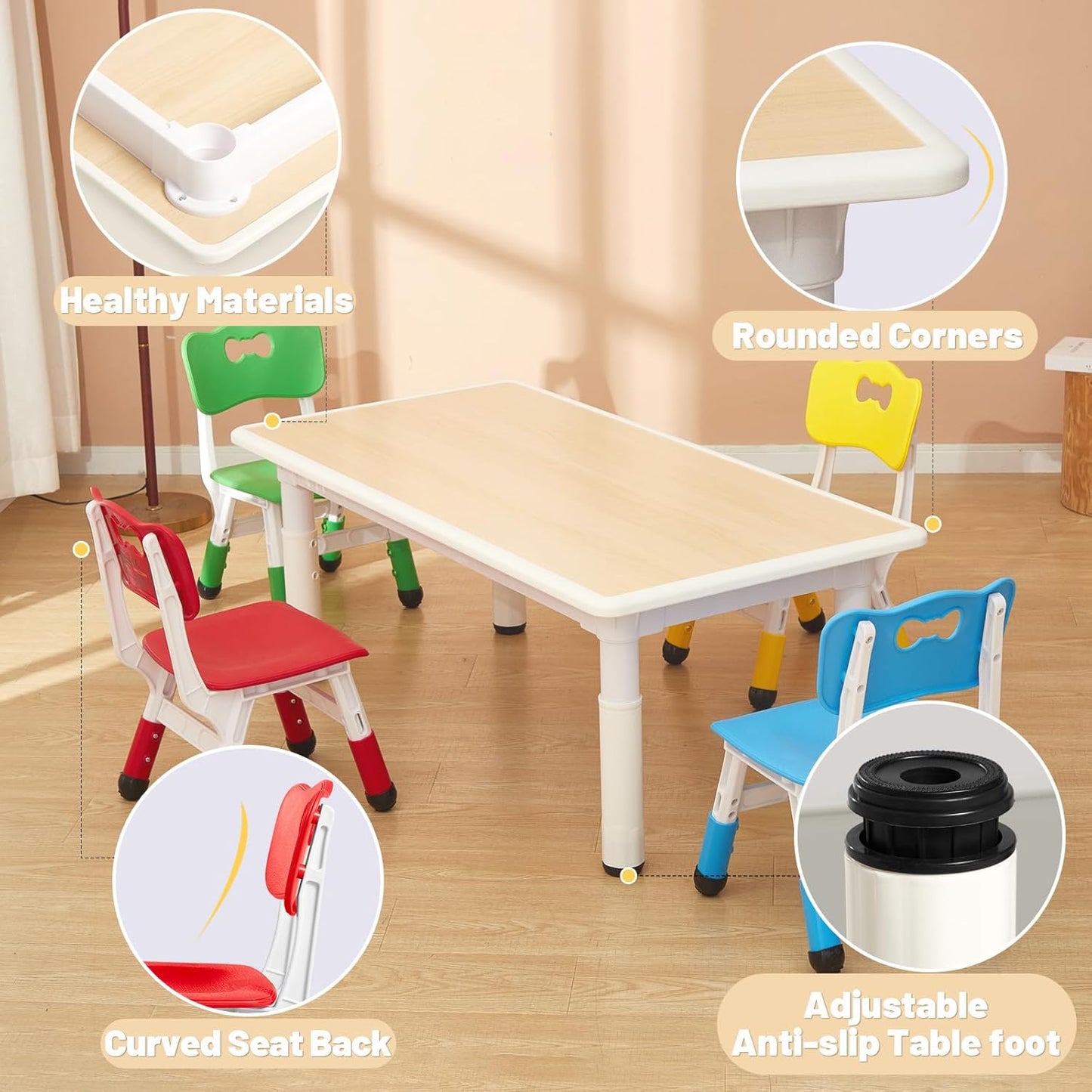 FUNLIO Kids Table and 4 Chairs Set for Ages 3-8, Height Adjustable Toddler Table and Chair Set, Easy to Wipe Arts & Crafts Table, for Classrooms/Daycares/Homes, CPC & CE Approved(5 pcs Set)-Multicolor