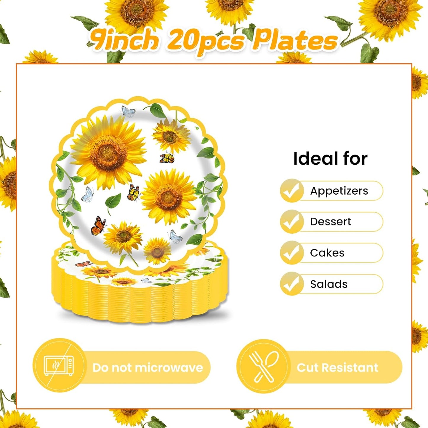 40 Pcs Sunflower Party Dessert Plates and Napkins Sets Fall sunflower 9" Paper Plates and 6.5" Napkins Party Supplies Tableware autumn Decoration For Birthday Picnic