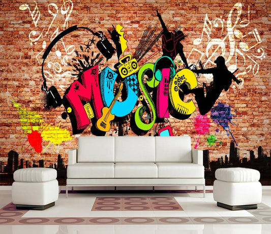 WFBHUA-Music Graffiti Wallpaper Abstract City Brick Wall Hip-hop Murals for Bar Ktv Industrial Background (Not Peel and Stick)