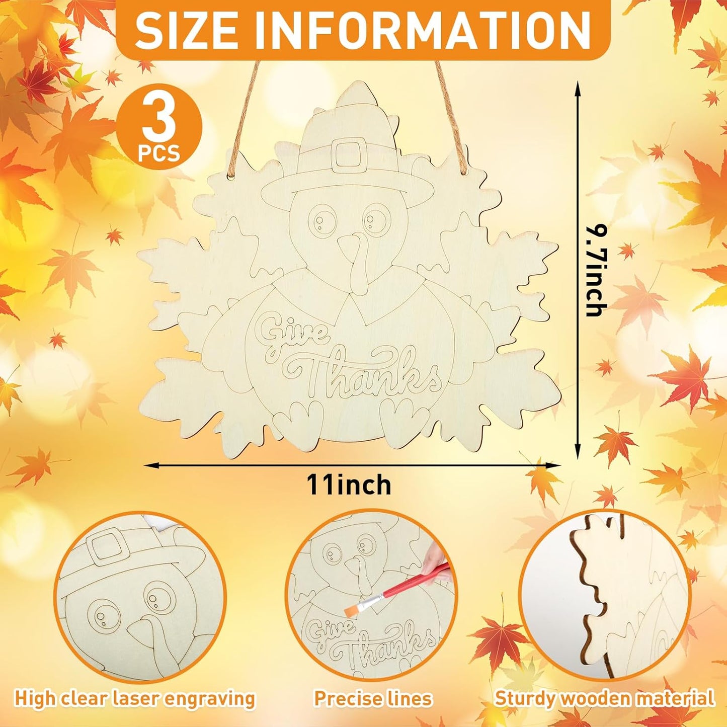 Paintable Thanksgiving Ornaments 3 Sets, Wooden Turkey Ornaments to Paint, Unfinished Give Thanks Wreaths Wood Crafts for Painting, Wood Cutouts DIY Ornament for Door Decor