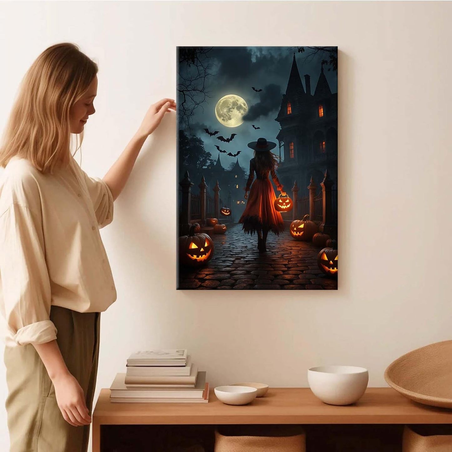 JFHCQJPK Halloween theme poster moonlit autumn night witch vintage poster art print dark college style gothic painting canvas wall decoration bedroom living room ideal gift32x48in Frameless