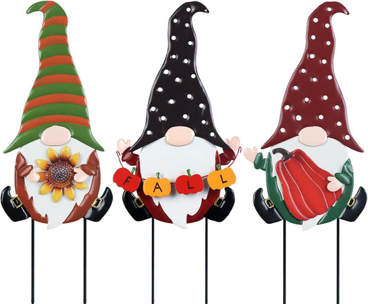 YEAHOME Fall Decorations for Home Outdoor, 3 Pack Gnomes Decorative Garden Stakes for Fall Decor, Autumn Metal Yard Signs for Outside Garden Lawn Porch Thanksgiving Decorations
