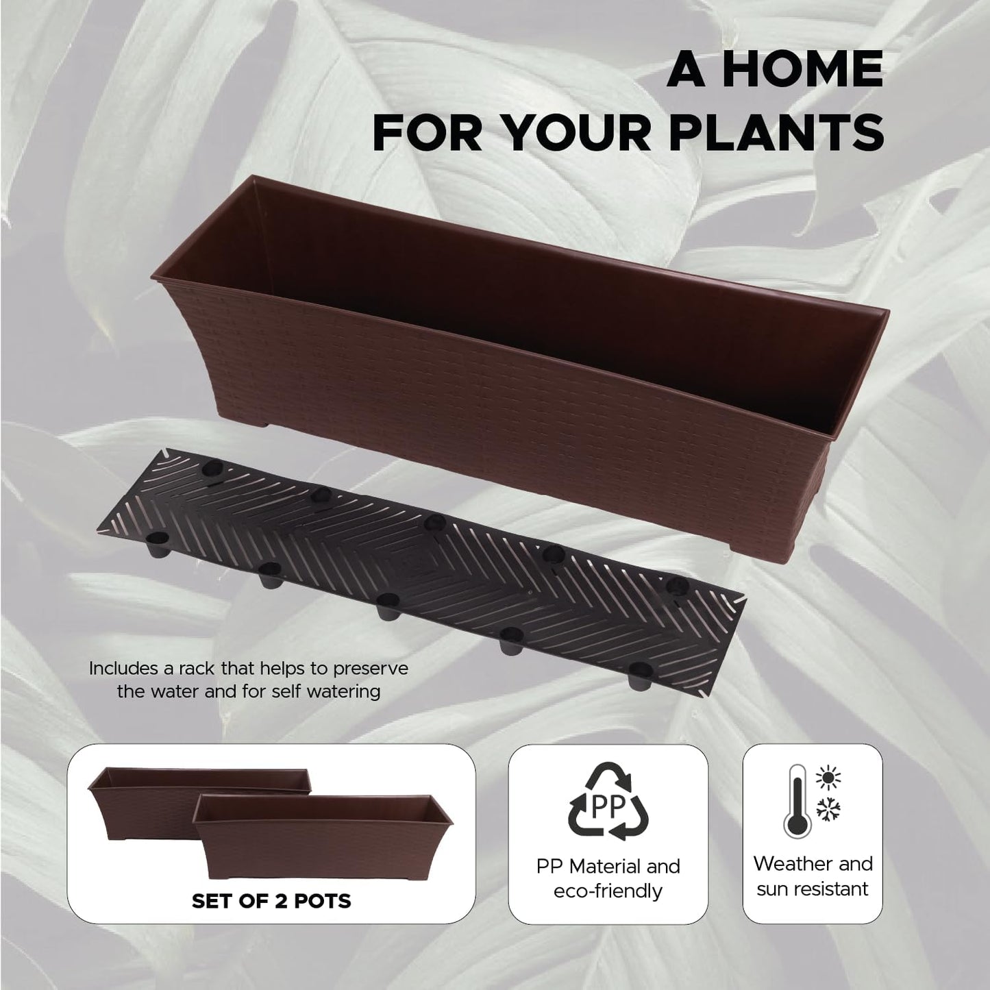 Elly Décor Set of 2 24x8 Rectangular Modern, Resistant and Self Watering Planter with Rattan-Like Finish, 24", Chocolate Brown