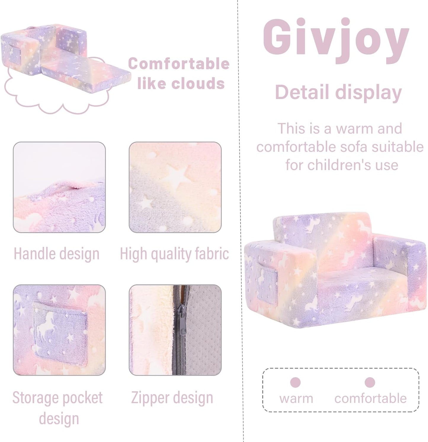 Toddler Chair Kids Couch, 2-in-1 Toddler Soft Sherpa Couch Fold Out Armchair with Removable Cover, Convertible Reading Chair Toddler Sofa for Kids, Glow in The Dark Purple Horse