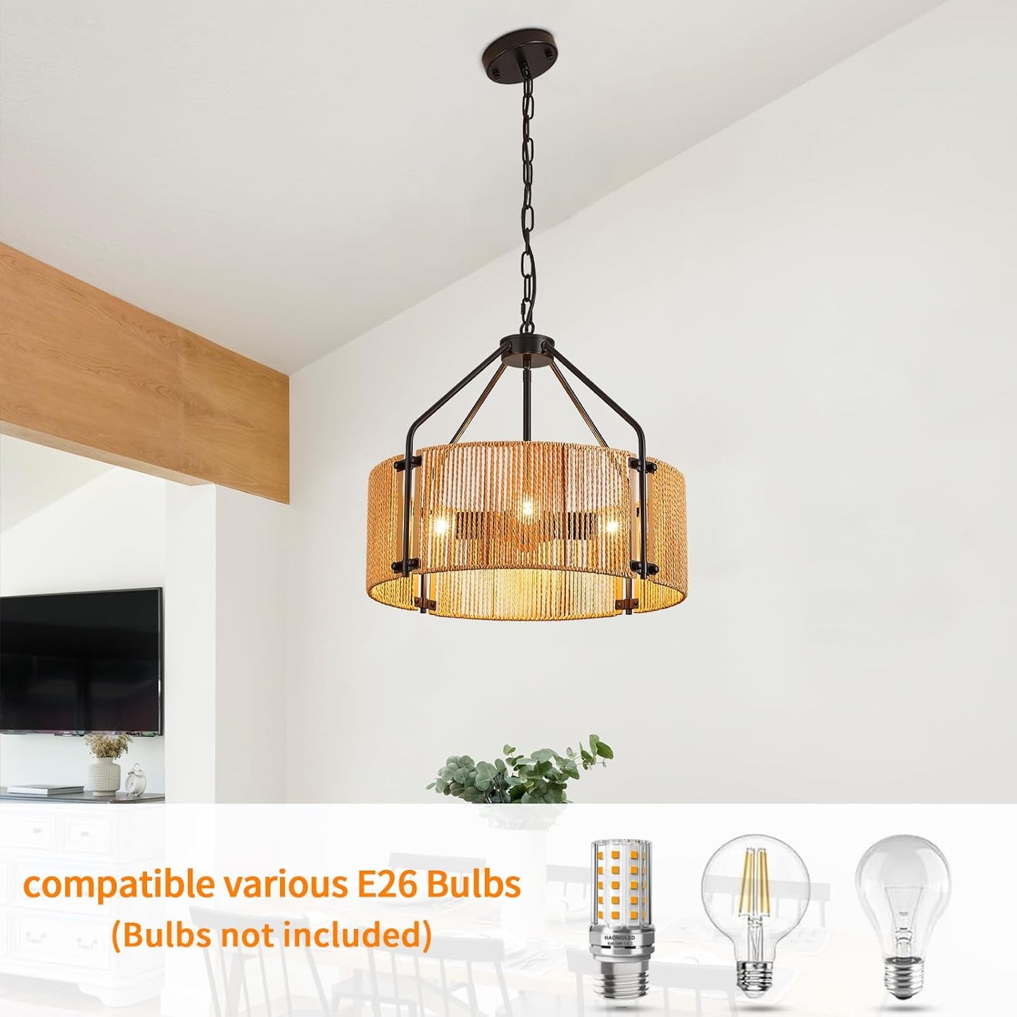 18.1" Rattan Chandelier, 4 Lights Large Black Chandelier Wicker Woven Pendant Light Boho Hanging Lamp for Living Dining Room Foyer Kitchen Island Entryway Foyer, E26, Height Adjustable