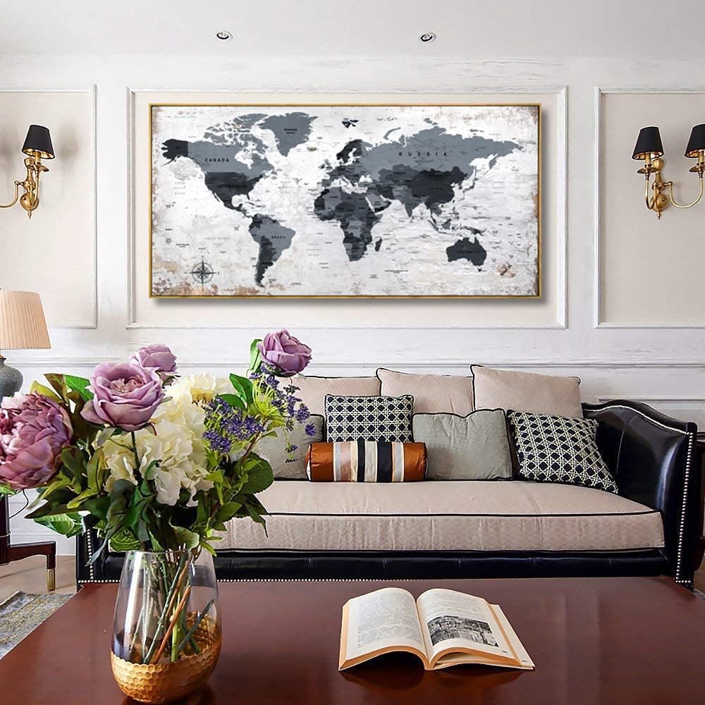 Framed wall art World Map Wall Art Canvas Picture 24inchx48inch Large Black and white Map of The World Canvas Painting Artwork Prints for Office Wall Decor Home Living Room Decorations Framed Ready to