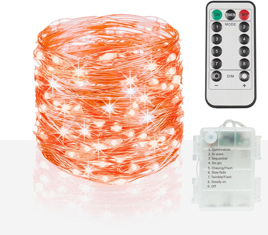 suddus Halloween Lights Battery Operated, 33ft 100 LED Orange String Lights for Outside Decorations Waterproof, Fairy Lights with Timer and Remote for Party, Yard, Outdoor, Tree, Wedding, Rroom Decor