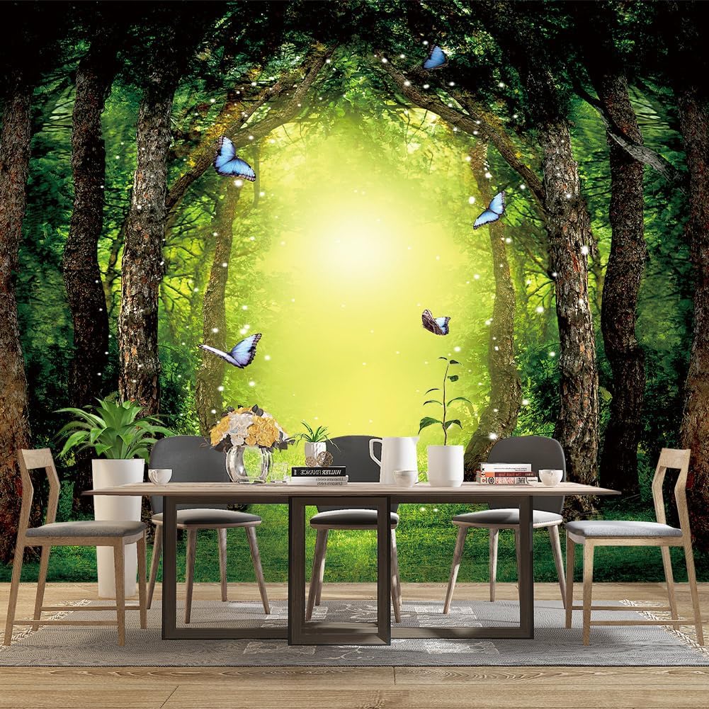 Classy Dream Butterfly Forest Tree Wallpaper for Bedroom Jungle Woodland Wall Mural Living Room Large Woods Adhesive Fabric decorr - 160"x108"（Not Peel and Stick）