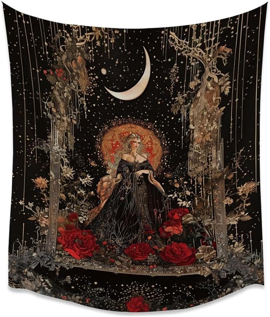 Dark Academia Moon Goddess Tapestry Gothic Fantasy Rose Wall Art Mystical Witchy Woman Print Victorian Artwork Aesthetic Tapestries Wall Hanging for Girls Room Bedroom Decor 60x80inch