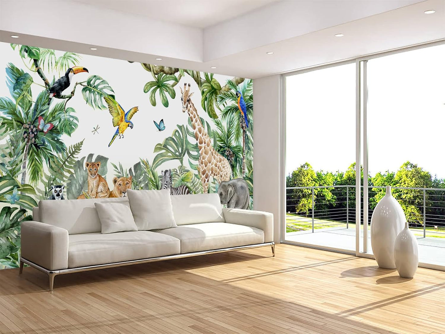 Safari Wallpaper for Children with Animals Jungle Wall Mural Watercolor Animals Nursery Wallpaper Kids Room Decor(Not Peel n' Stick)