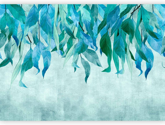 artgeist Wall Mural Hanging Leaves 197x138 in - Non-Woven Wallpaper Fleece Wall Decor Photo Print Picture Image Design Nature Botanical Concrete Green Blue b-C-10146-a-b