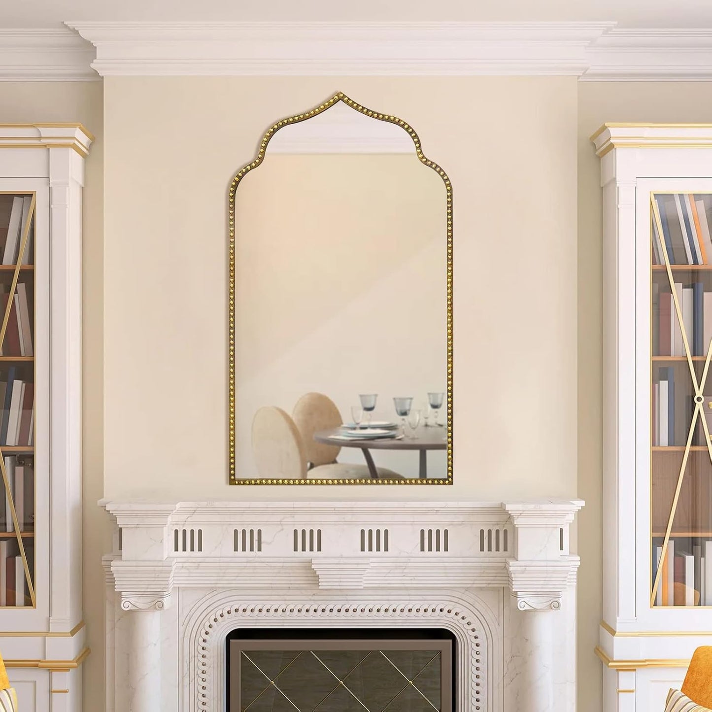 Arch Wall Mirror, 22" W x 38" H Metal Marlowe Beaded Frame Accent Mirror, Large Modern Vintage Gold