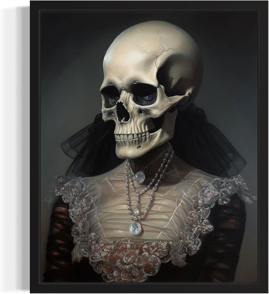 Female Skull Poster Art Print, Halloween Scary Vintage Wall Art Academia Spooky Painting Decoration for Horror Prints, Gothic Posters Bedroom Decor 89 (Female Skull, 8 x 10 inches, Black Frame)