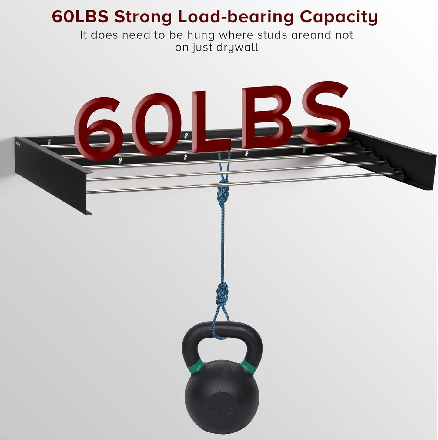 Wall Mounted Laundry Drying Rack, Retractable Clothes Drying Rack for Bathroom with Wall Template, 5 Stainless Rods Heaving 60 lb Capacity (Black, 40")