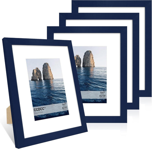 8x10 Picture Frame Set of 4, 8 x 10 Wood Photo Frames with Mat for 5x7, Natural Wooden Frame with Real Glass Cover for Wall and Tabletop Display,Blue