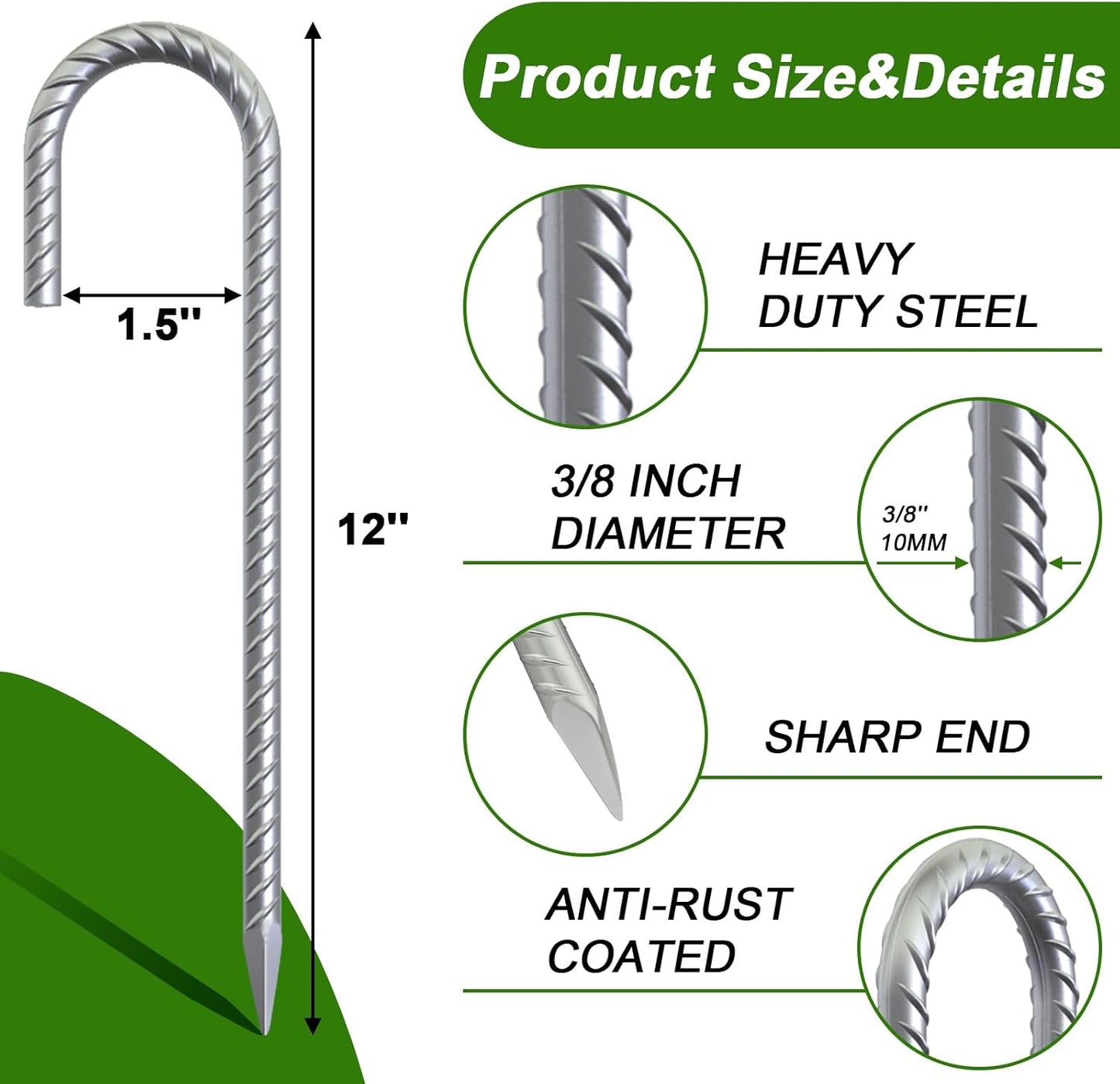 AAGUT Rebar Stakes 32 Pack 12'' Ground Stakes 3/8" Heavy Duty J Hook Anchors, Plant Support Garden Spikes Anti Rust Galvanized for Chain Link Fence