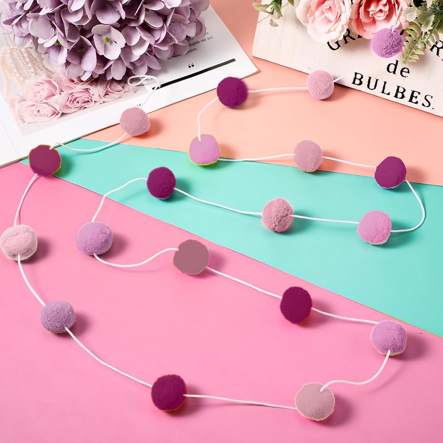 Irenare 9.8 ft Pom Pom Garland Felt Colorful Tassel Banner Christmas Party Pompoms Garland Decorations Felt Pennant Banner for Classroom Home Mantel Fireplace Birthday(Pink)