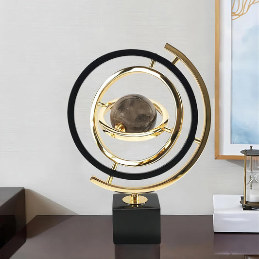 homary Modern Sculpture Decor Abstract Art Decoration Metal Globe Ornament Living Room Decor with Rectangle Stand Black & Gold