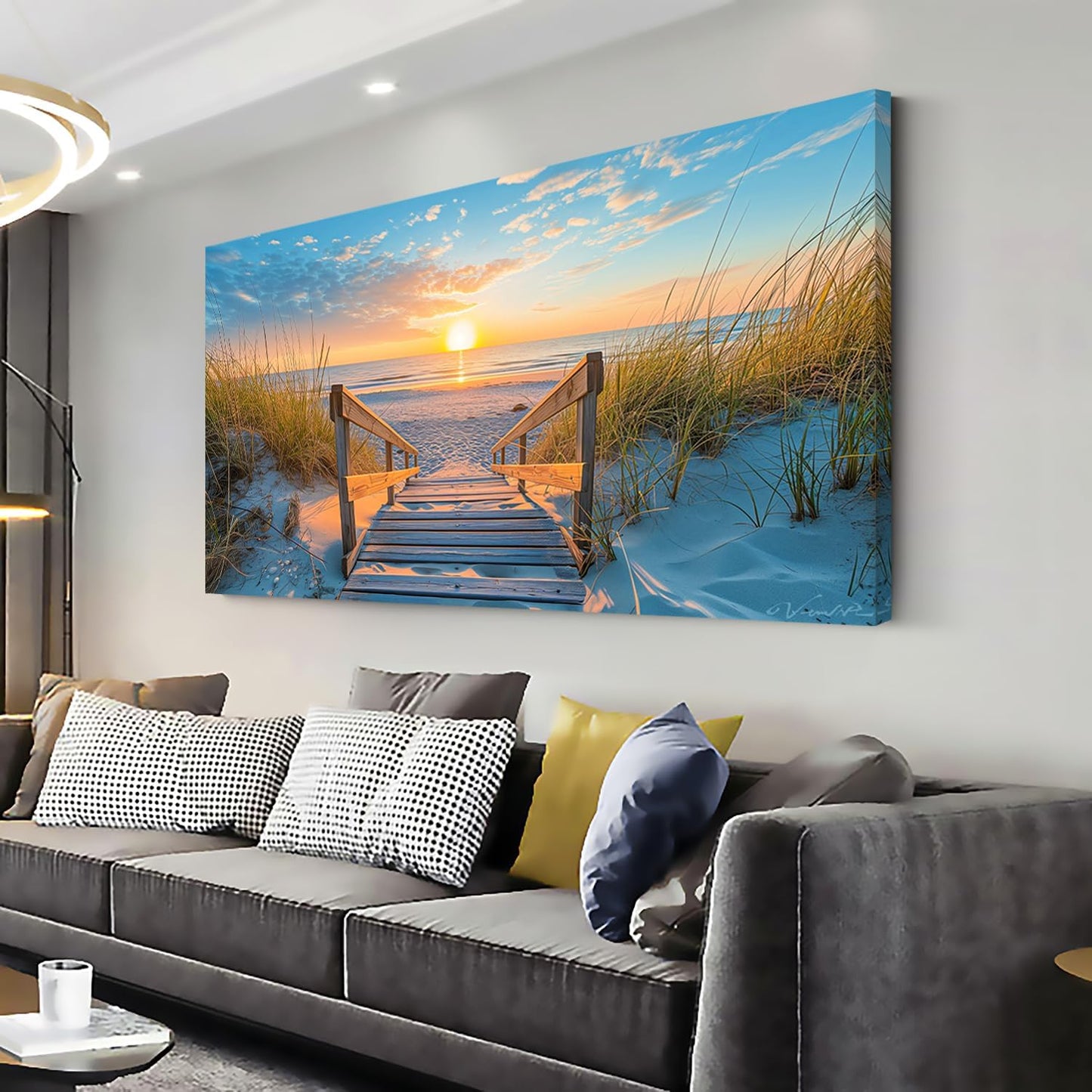 LASMOND Beautiful White Sandy Beach Pier by Seaside at Sunset Landscape Wall Art Decor Artwork for Bedroom Living Room (20x40 Inches)