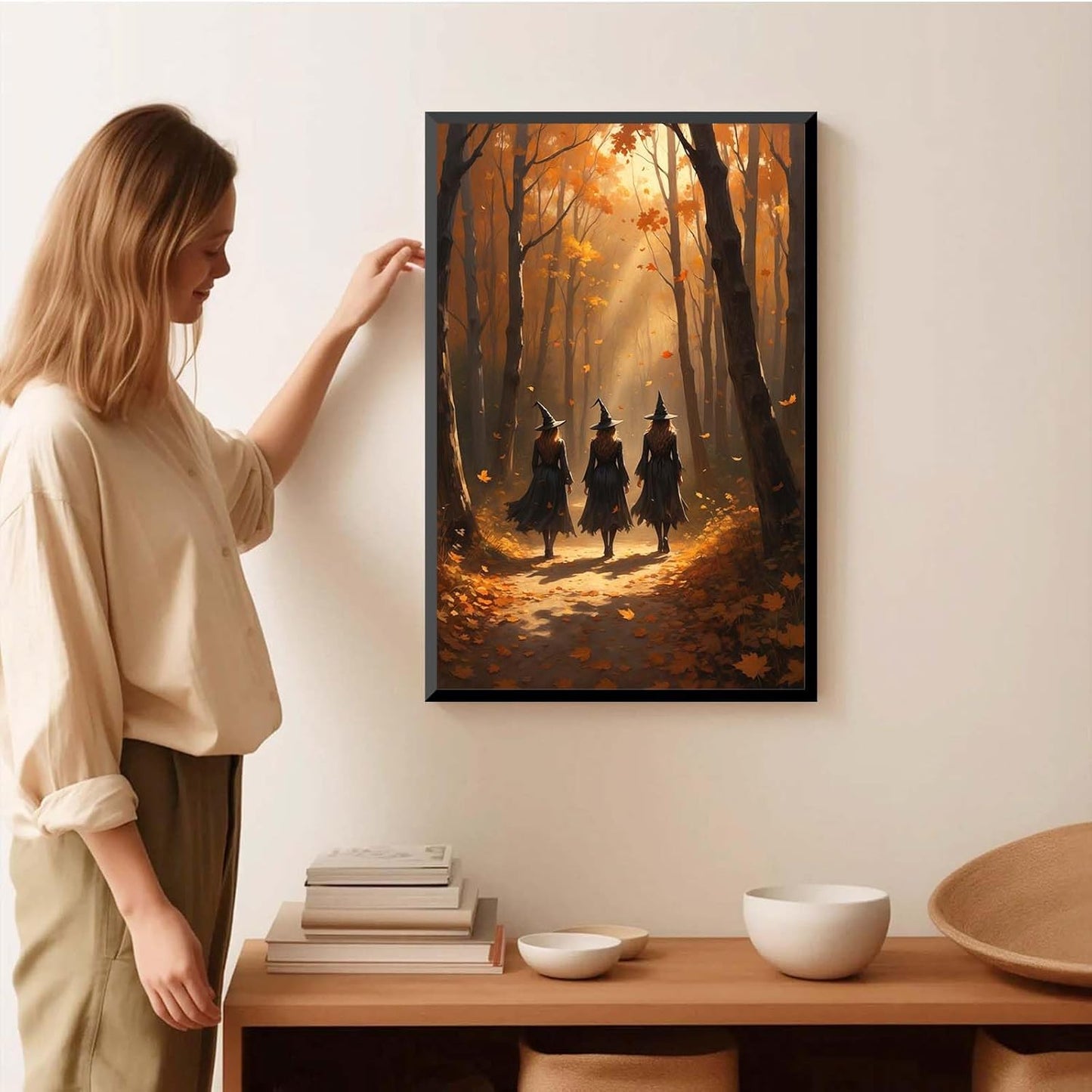 JFHCQJPK Three witches walking in the forest in autumn canvas painting gothic poster halloween print country witch wall art for home decoration20x30in Metal blackFramed