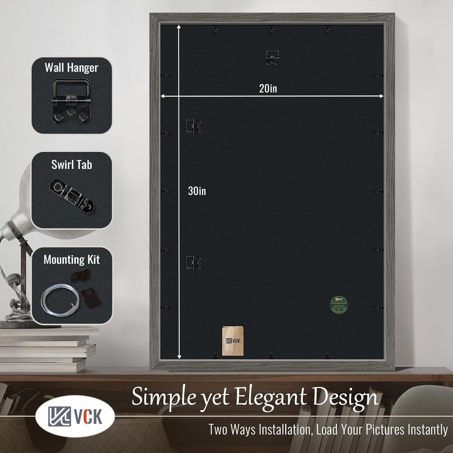 VCK 20x30 Frame 3 pack, Grey Solid Wood Poster Picture Frame, Exclusive Wood Grain, Wall Mounting Hanging