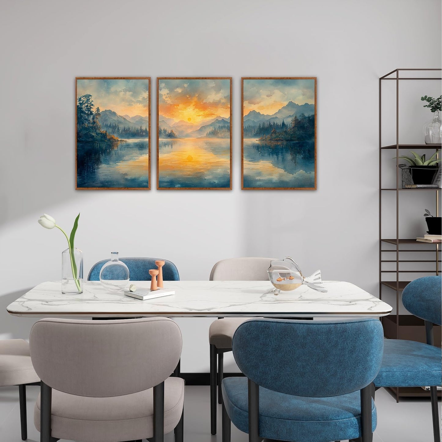 KAlRNE Sunset Mountain Canvas Wall Art,Abstract Scenery Wall Painting,Blue Landscape Lake Pictures,Watercolor Mountains Forests Art Prints For Living Room Bedroom Office Decoration - Framed 16X24 Inch