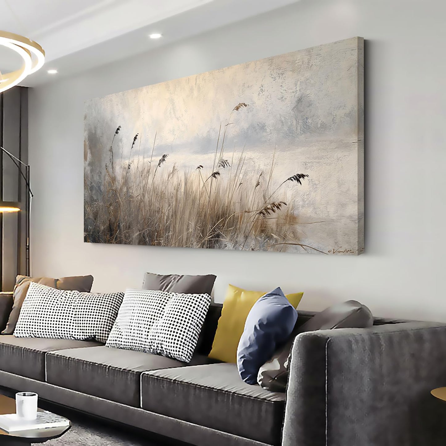 LASMOND Vintage Meadow Wall Art for Living Room Reed Grass Canvas Painting Prints Large Retro Rustic Cottagecore Countryside Landscape Farmhouse Bedroom Artwork Home Decor (46x23 Inches)