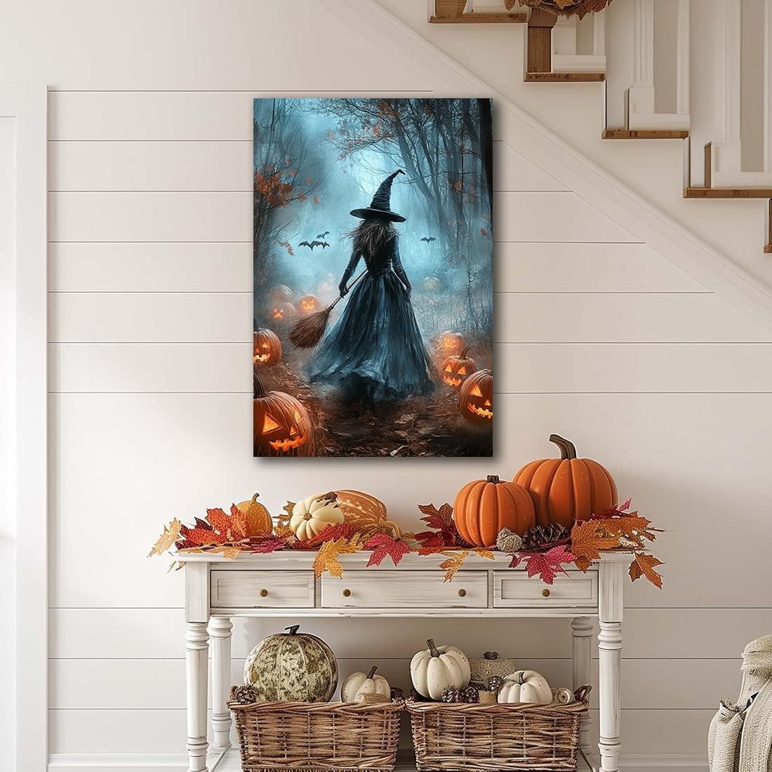 Vintage Moody Halloween Witch Artwork Wall Decor,Spooky Halloween Gothic Canvas Artwork Creepy Horror Witch with A Broom Pumpkin Bats Rustic Forest Picture,Dark Academia Poster,24"x36" Unframed