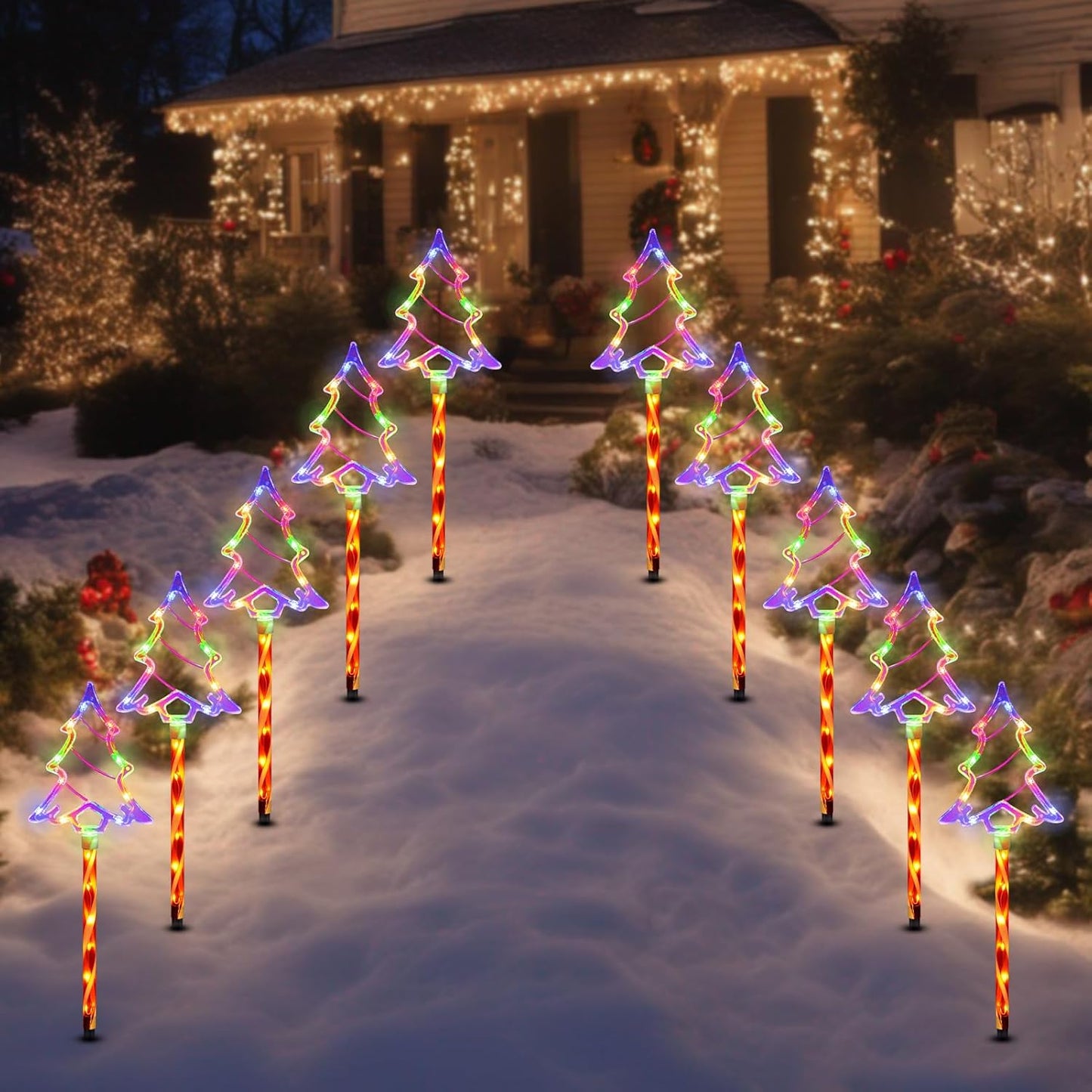 Christmas Solar Pathway Lights Outdoor Decorations， 8 Modes Xmas Tree Candy Lights Waterproof Led Garden Stake Light for Walkway Yard Lawn Porch Holiday Decor 5-Pack (Multicolor Tree, 10 Pack)