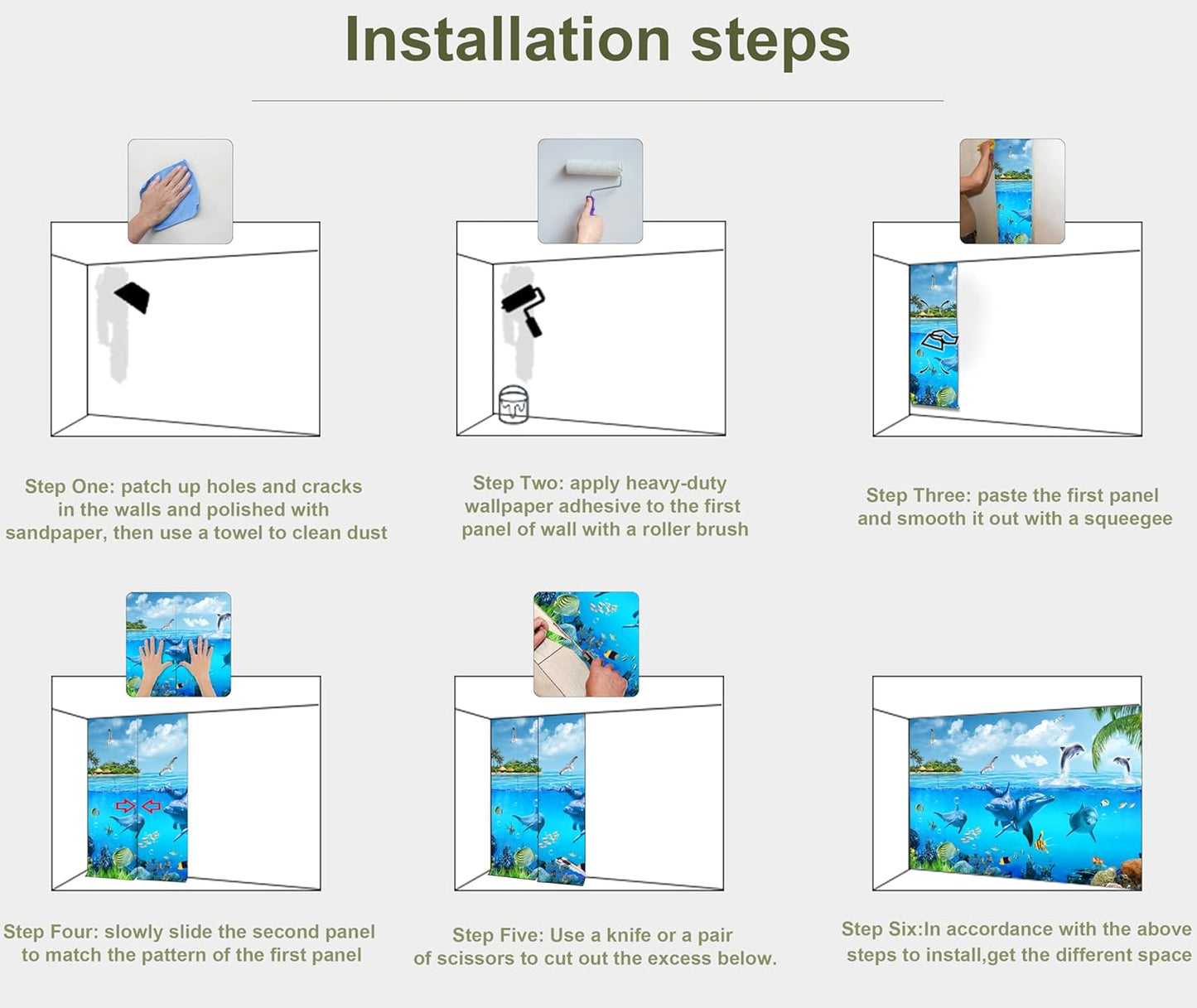 Ocean Wallpaper White Gull Dolphin Wall Mural for Bedroom Living Room (Not Peel n‘ Stick)