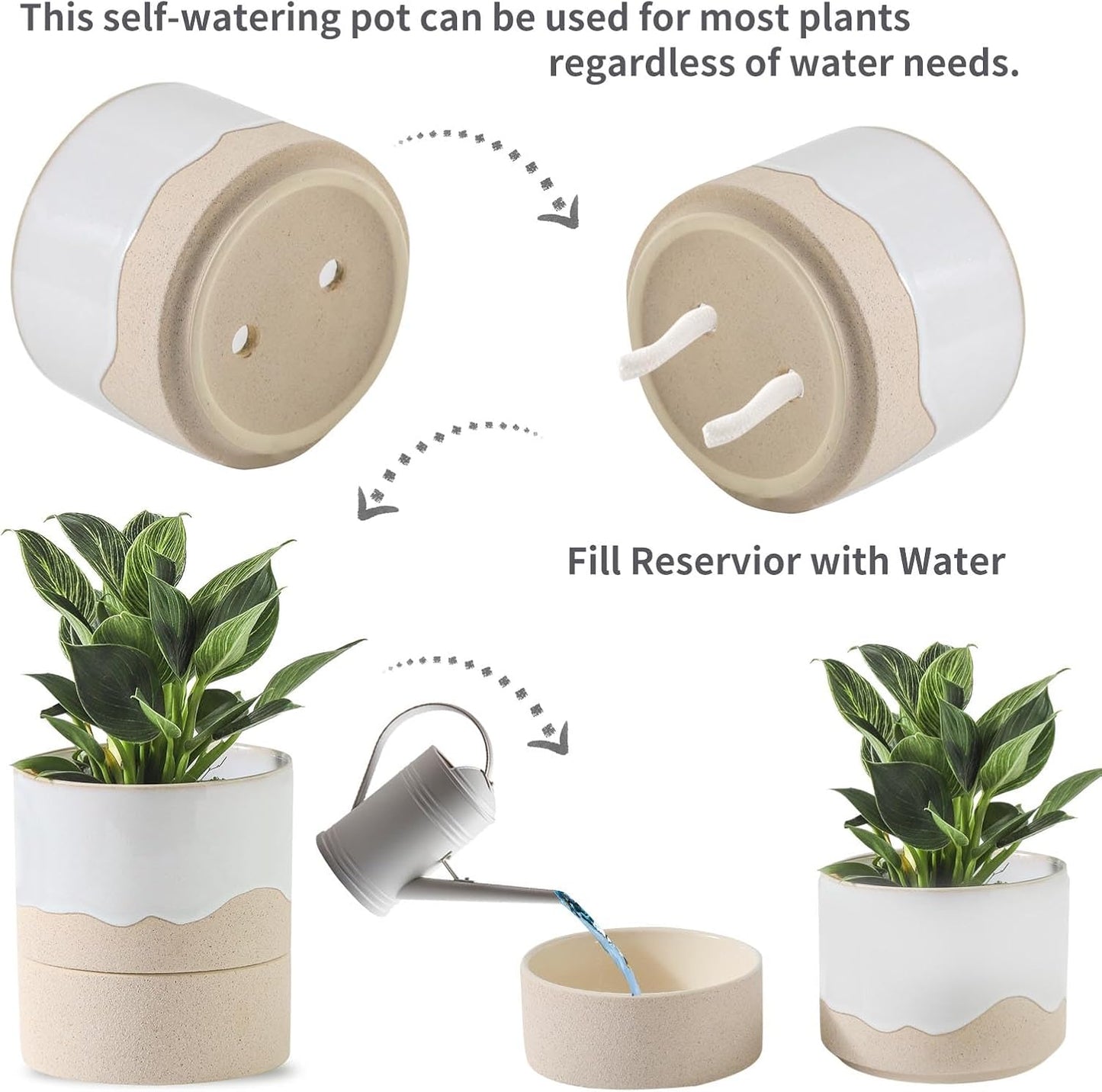 Nihow Self Watering Plant Pot: 4.5 Inch Ceramic Planter with Drainage Hole & Water Storage Plus for Indoor & Outdoor Plants - Cylinder Flower Pot for Herbs/Violets - White & Nature