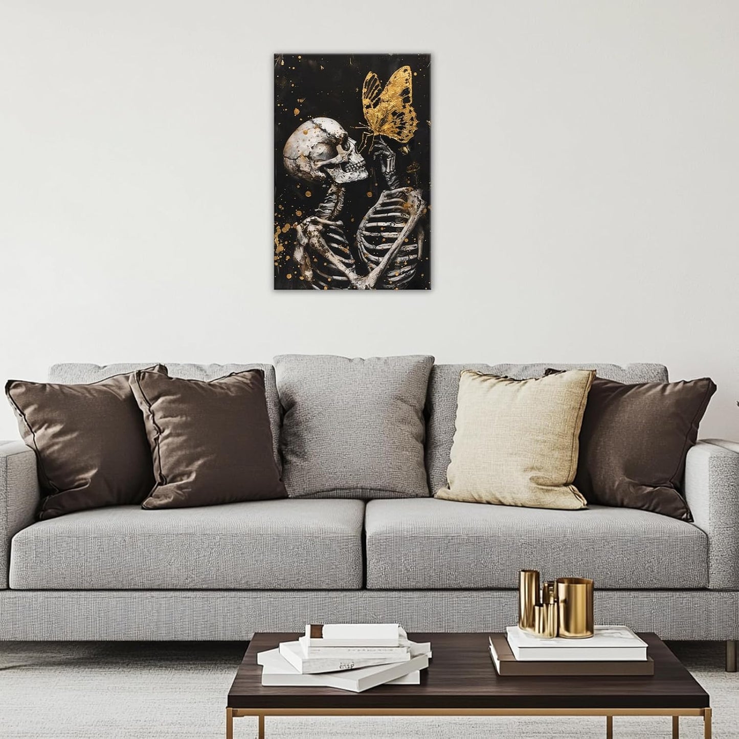 OAAPITI Skull Wall Art Skull and Gold Butterfly Canvas Print Abstract Modern Gothic Artwork for Bedroom Dark Art Decor(Artwork-7,28"x42")