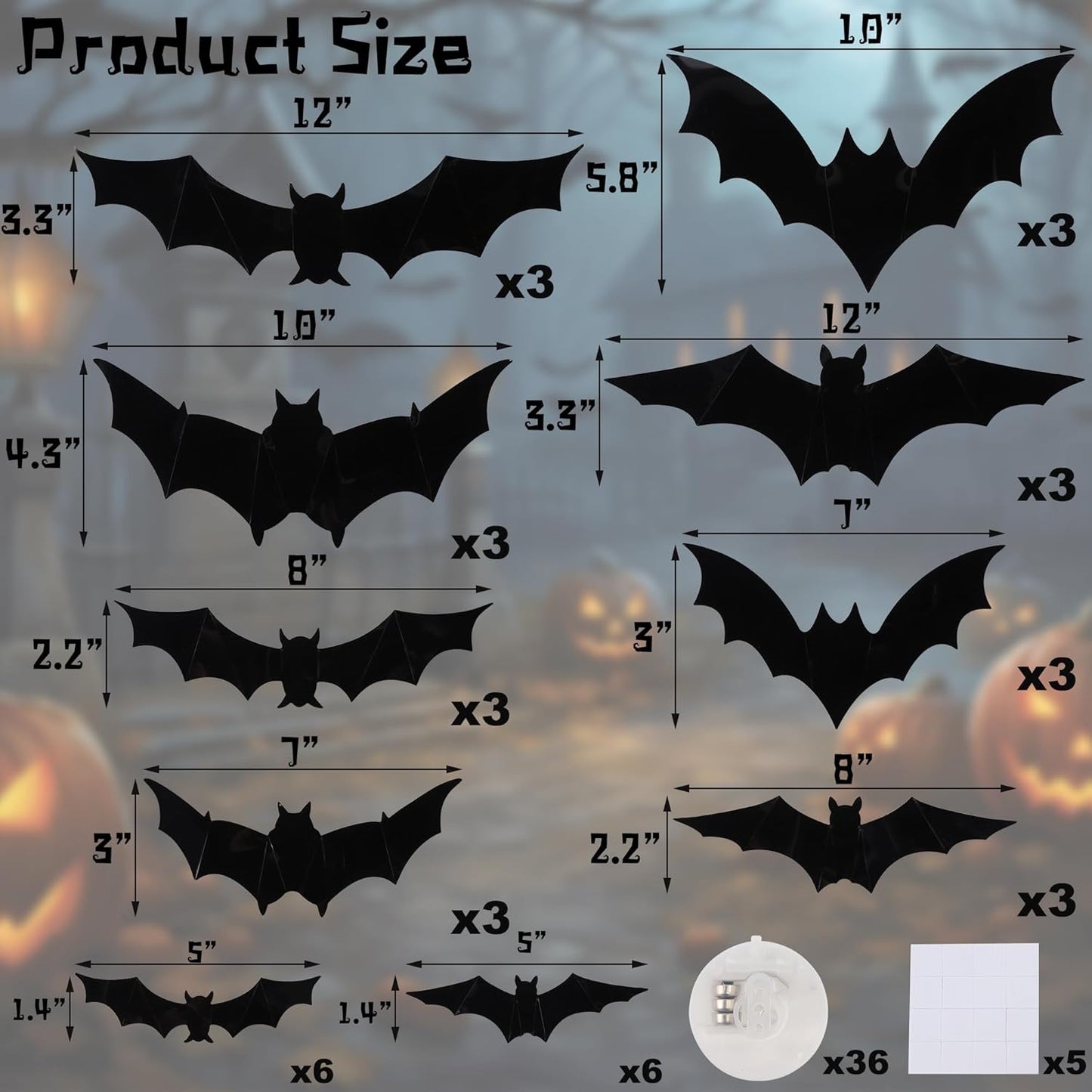 DR.DUDU 36 Pack Halloween Bats Wall Decor – Lighted 3D Bat Stickers Assorted Size for Halloween Party, Bedroom Window Decorations, Indoor and Outdoor Home Decals