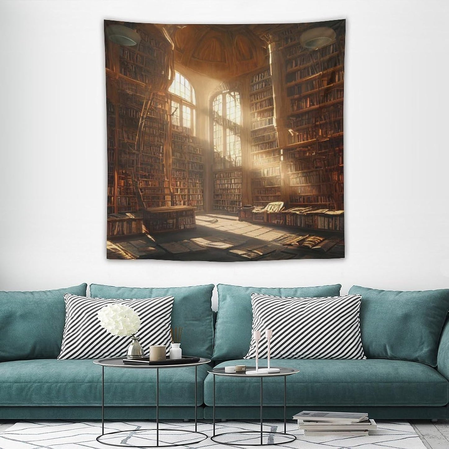 Kurtect Retro Bookshelf Tapestry,Medieval Mid Century Library Building Pattern Print Tapestries for Party Beach Picnic Blankets Tablecloths Living Room Wall Deocr, 60x60 in
