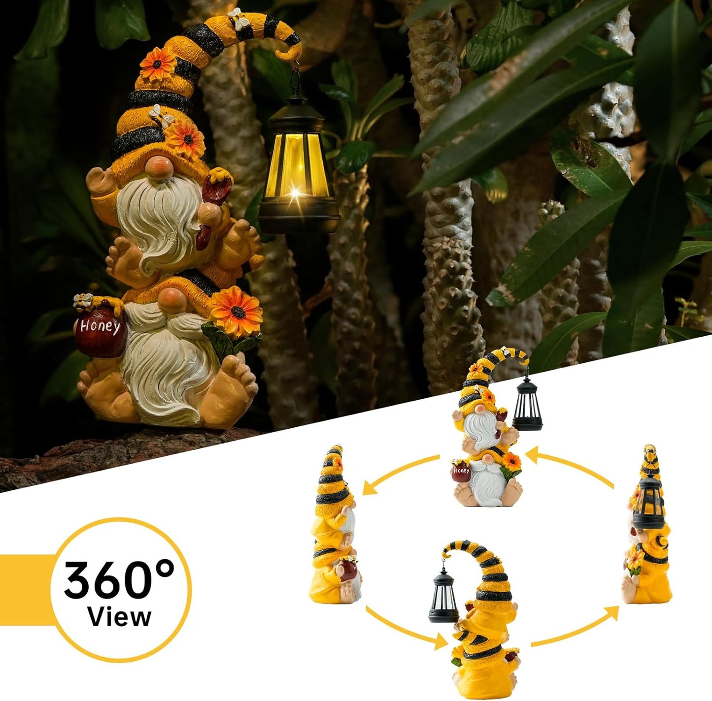 Solar Bee Garden Gnomes with LED Lantern – Waterproof Stacked Outdoor Decor for Yard, Patio – Unique Gnome Gift for Mom, Grandma, Women (Weatherproof Resin Outdoor Statues)